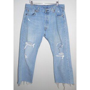 LEVIS blue distressed 501 cut off capri jeans Button Fly 35 waist 24 inseam